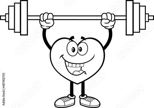 Outlined Strong Heart Cartoon Character Lifting A Barbell. Vector Hand Drawn Illustration Isolated On White Background