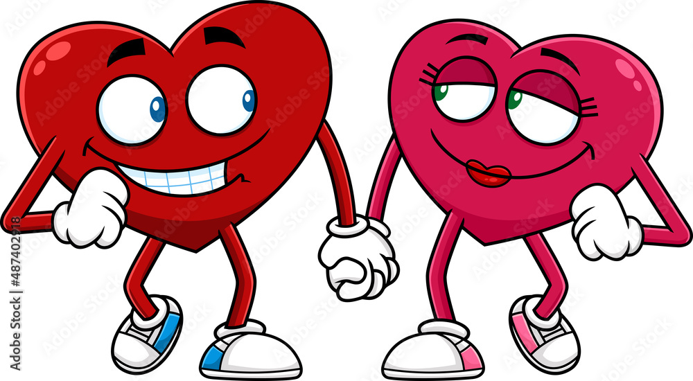 Love Red Hearts Couple Cartoon Characters Walk Holding Hands. Vector Hand Drawn Illustration Isolated On White Background Love Red Hearts Couple Cartoon Characters Walk Holding Hands. Vector Hand Drawn Illustration Isolated On White Background