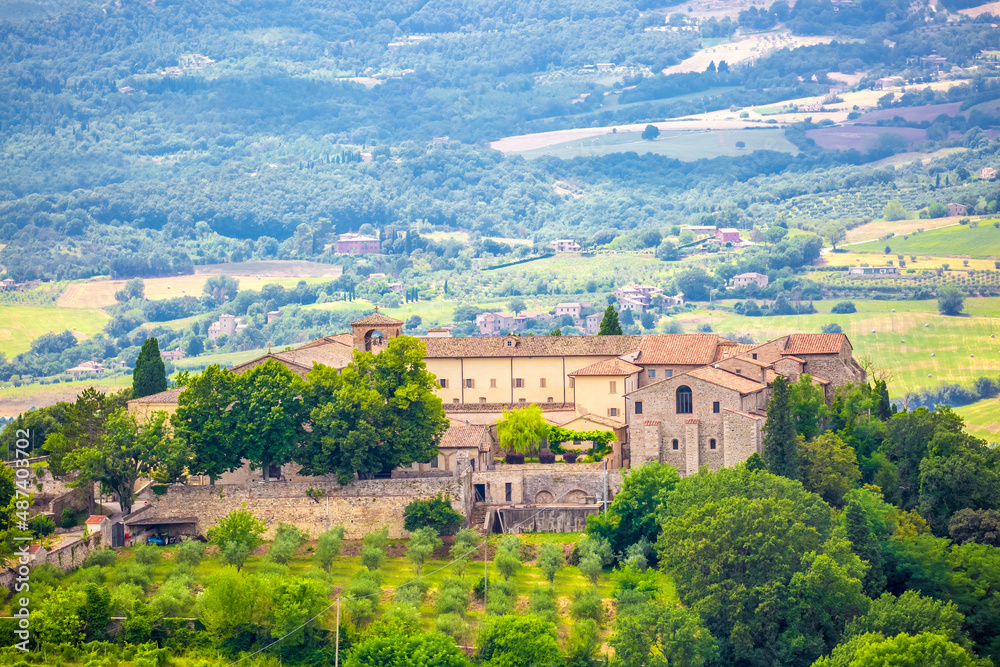 Medieval town Todi on the hill Italy, tourist tourism. Ancient cities of Europe, beautiful landscape panoramic view. Fortifications of medieval Italy.