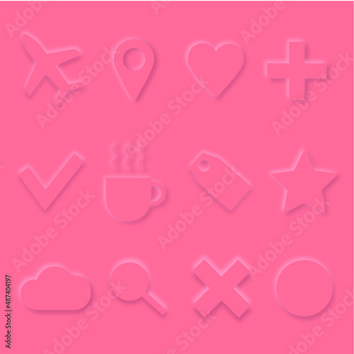 Set of icons in newmorphism style colour pink for website and social medias