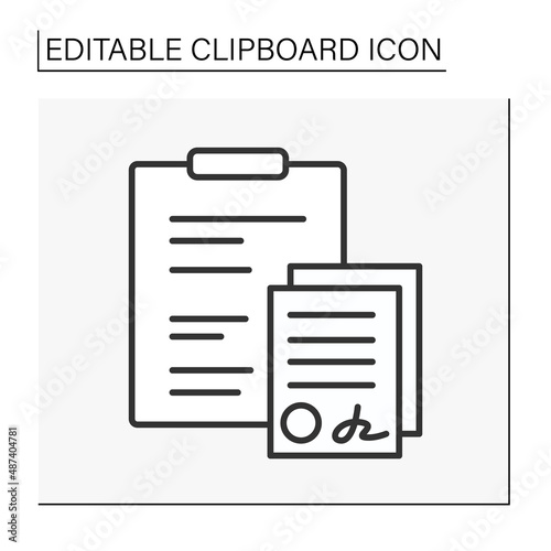  Clipboard line icon. Agreements between companies. Checking information. Deals. Business concept. Isolated vector illustration. Editable stroke