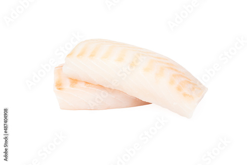 Two raw cod fish pieces isolated on white background. Boneless white fish meat.