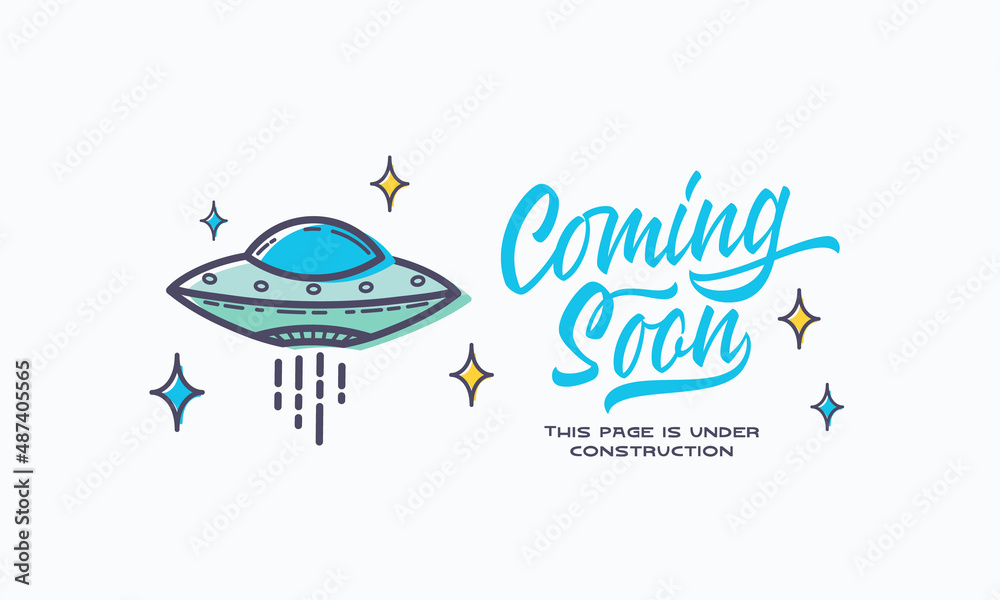 Coming soon lettering with outlined UFO sign web template. Page under construction website vector colorful banner background Isolated Coming soon lettering with outlined UFO sign web template. Page under construction website vector colorful banner background Isolated