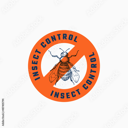 Insect control warning label, sign, logo template. Crossed wasp in a red circle with typography. Hand drawn sketch pest silhouette label Isolated