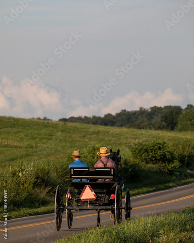 Two Amish Men Riding a Horse and Buggy on a County Road with a Hay Field in the Background © Isaac