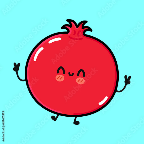 Cute funny pomegranate fruit character. Vector hand drawn cartoon kawaii character illustration icon. Isolated on blue background. Pomegranate fruit character concept