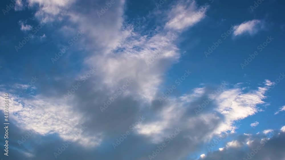 Fast moving clouds in the blue sky, at the end of winter, at sunrise. Flying passenger plane in the background. Accelerated motion. Fast moving clouds in the blue sky, at the end of winter, at sunrise. Flying passenger plane in the background. Accelerated motion.