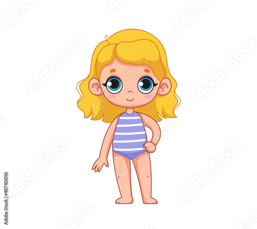 Cute blonde girl in a striped blue swimsuit. Children's illustration of a blond Swede child in beach clothes. Vector illustration in cartoon childish style. Isolated funny character clipart cute baby