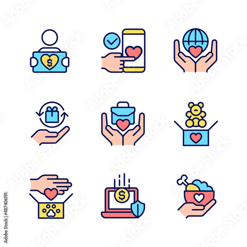 Donating to multiple charities pixel perfect RGB color icons set. Fundraising event. Charitable organization. Isolated vector illustrations. Simple filled line drawings collection. Editable stroke