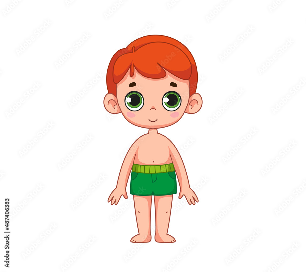 A cute red-haired boy with big eyes is standing in green swimming trunks or shorts. Children's illustration of a child. Vector illustration in cartoon style. Isolated funny clipart. cute baby print.