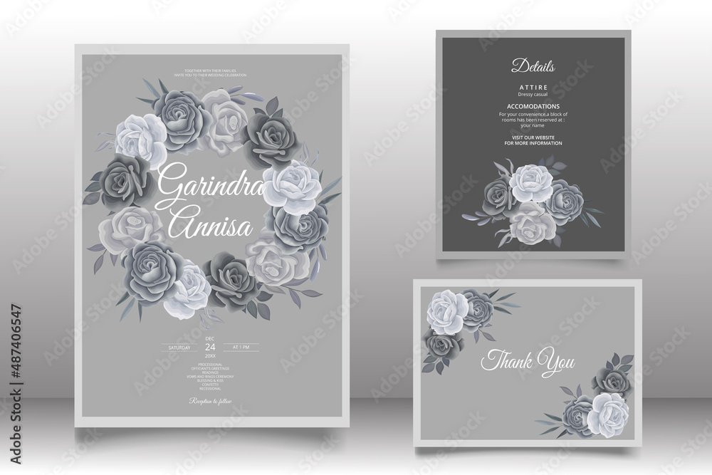  Elegant wedding invitation card with beautiful black grey floral and leaves template Premium Vector