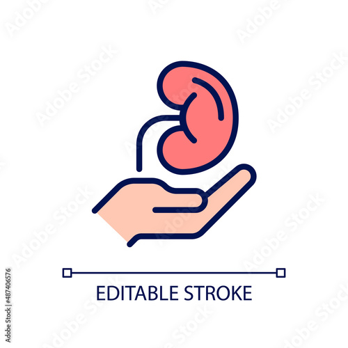 Organ donation pixel perfect RGB color icon. Living and deceased body parts offer. Tissues transplantation. Isolated vector illustration. Simple filled line drawing. Editable stroke. Arial font used