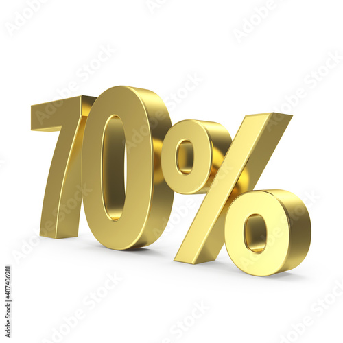 Golden 70 percent symbol. Golden seventy percent on a white background. 3D percentage sign. Discount symbol. 3D render illustration.