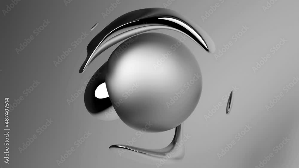 3d render of abstract art video with surreal 3d organic alien ball or liquid substance in curve wavy smooth and soft bio forms in matte aluminium metal material with glossy silver parts on grey back