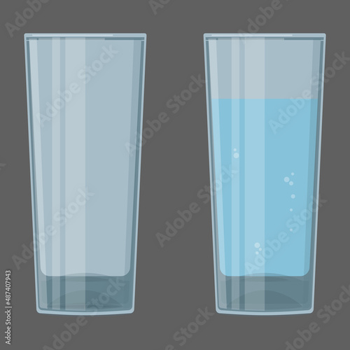 Empty glass cup and a glass of water. Vector illustration on a dark background.