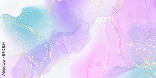 Violet cyan blue liquid watercolor background with golden stains. Teal mauve purple marble alcohol ink drawing effect. Vector illustration design template for wedding invitation, menu, rsvp