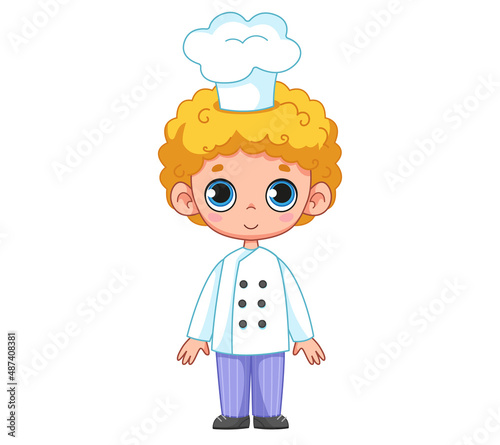 A cute curly-haired boy in a cook's suit and a white hat. Vector illustration of baby baker character in cartoon childish style. Isolated funny Swede clipart on white background. cute print.