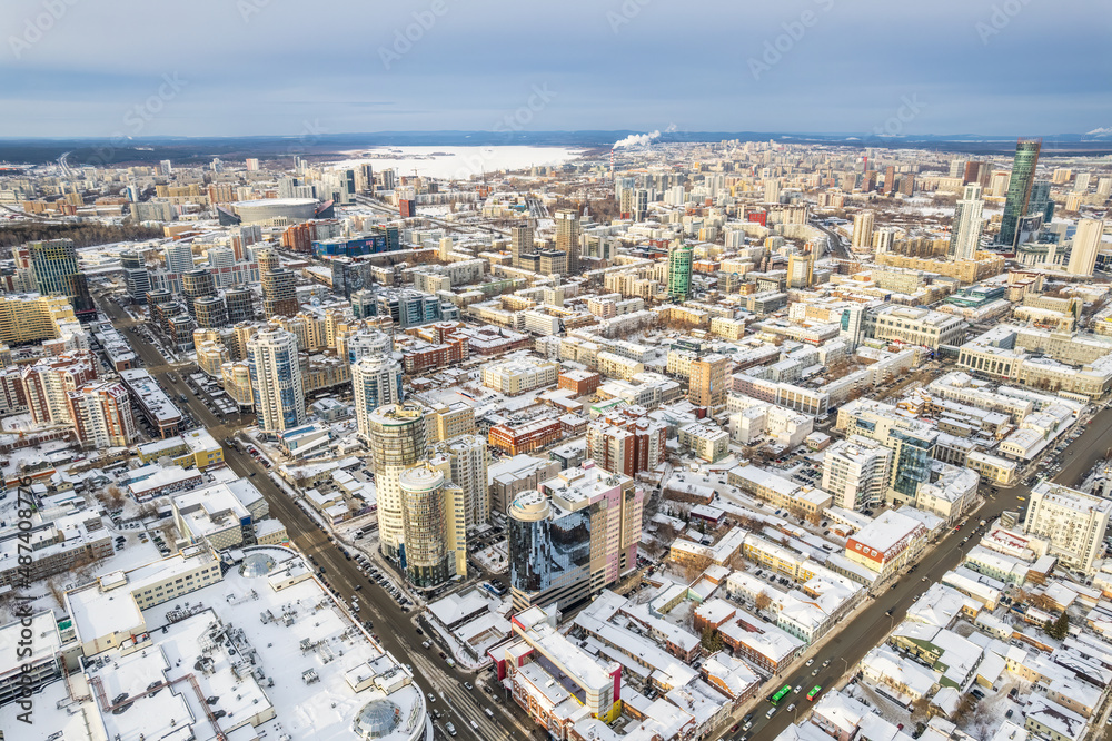 Obraz premium Yekaterinburg aerial panoramic view at Winter in cloudy day. Ekaterinburg is the fourth largest city in Russia located in the Eurasian continent on the border of Europe and Asia.