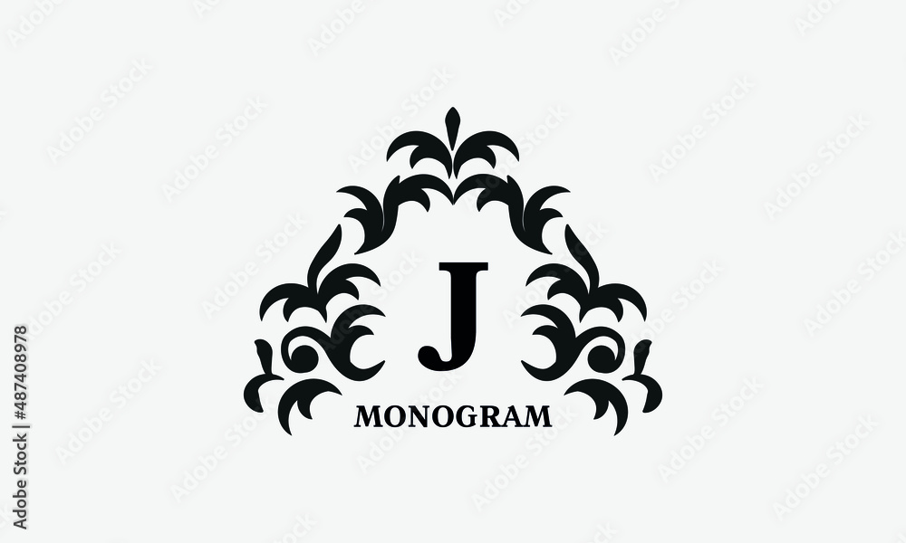 Elegant floral logo design template for letter J. Calligraphic dark elegant ornament on white background. Business sign, identity monogram for restaurant, boutique, hotel, heraldic, jewelry. Elegant floral logo design template for letter J. Calligraphic dark elegant ornament on white background. Business sign, identity monogram for restaurant, boutique, hotel, heraldic, jewelry.