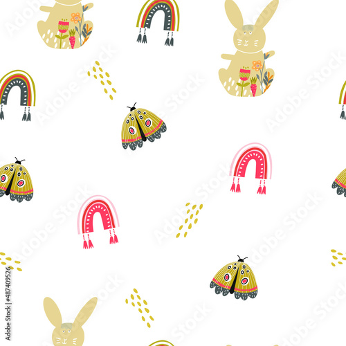 Seamless pattern with bunnies and abstract flowers, happy easter background, digital paper, wrapping, rainbow, butterfly