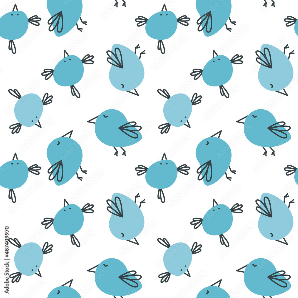 Fototapeta premium Cute seamless pattern with funny doodle birds. Spring print for greeting cards and invitations. Design for children's clothing, nursery wallpaper , school supplies. Beautiful background.