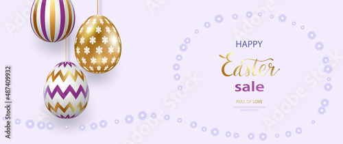 Happy Easter lettering with realistic looking purple golden eggs. Geometric patterns. Greeting card, invitation, poster, banner template. Vector © Riva