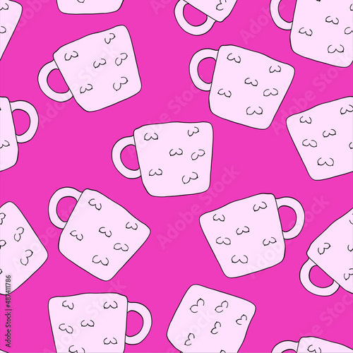 Pattern of cups on a pink background. Patterned cups. Vector illustration