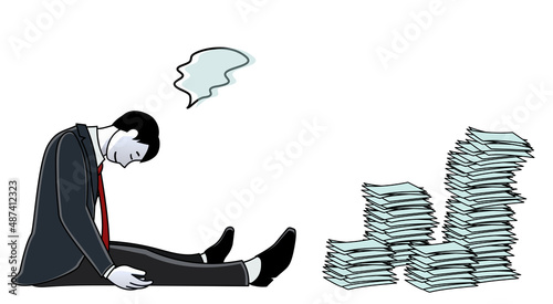 積まれて崩れそうな書類を前に、燃え尽きた表情で力なくうつむくビジネスパーソン