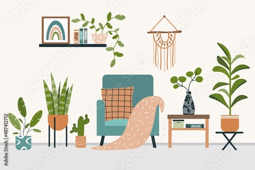 Biophilic interior design. Cozy living room interior. Chair among different plants. Pillow and plaid on armchair. Macrame hangs on wall. Flat vector illustration on white isolated background.