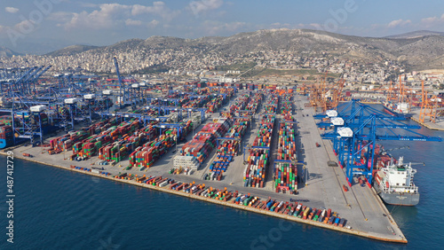 Aerial drone photo of industrial logistics unloading import and export container terminal of Perama - Piraeus, Attica, Grreece photo