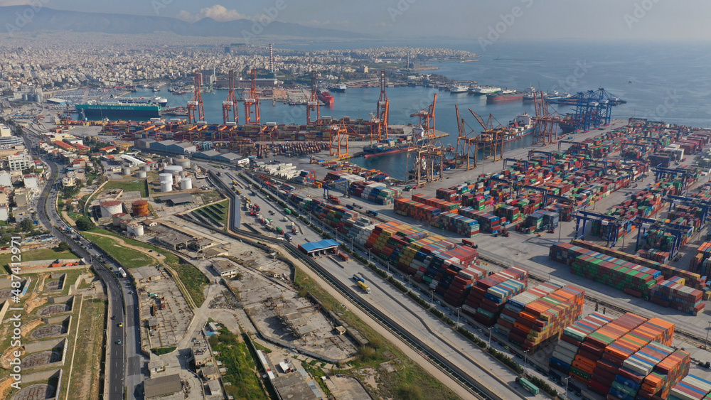 Aerial drone photo of industrial logistics unloading import and export container terminal of Perama - Piraeus, Attica, Grreece Aerial drone photo of industrial logistics unloading import and export container terminal of Perama - Piraeus, Attica, Grreece