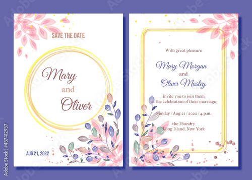 wedding invitation card with watercolor flowers. vector illustration design. Fonts  Bebas Neue  Great Vibes  IM FELL French Canon