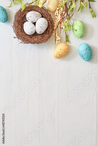 Photography Branches with green leaves and easter eggs on a light background