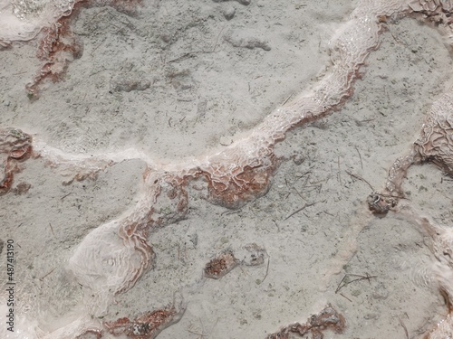 Obraz na płótnie Background with the texture of travertine surface - red mineral line over the white limestone - like the coral on the sea floor