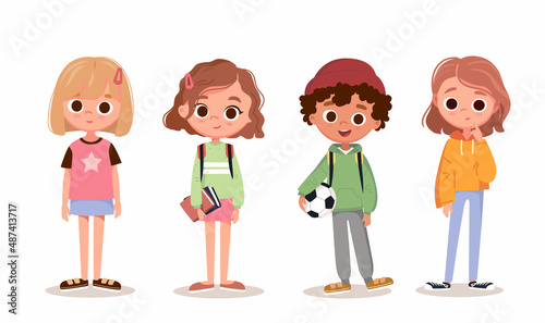 Set of preschoolers, teenage students characters in different poses,clothes,wear. Children fashion models.Set of school kids with school supplies.Pupils with books and backpacks. vector.Kids apparel.