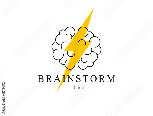 Brainstorm concept vector logo or icon, human brain and lightning bolt simple symbol, flat modern style.