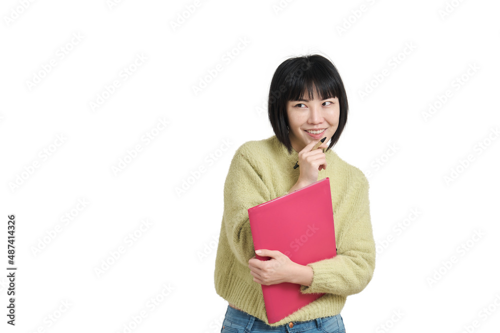 Young asian student woman with coquettish smile, wearing winter green sweater, isolated on white background. Young asian student woman with coquettish smile, wearing winter green sweater, isolated on white background.