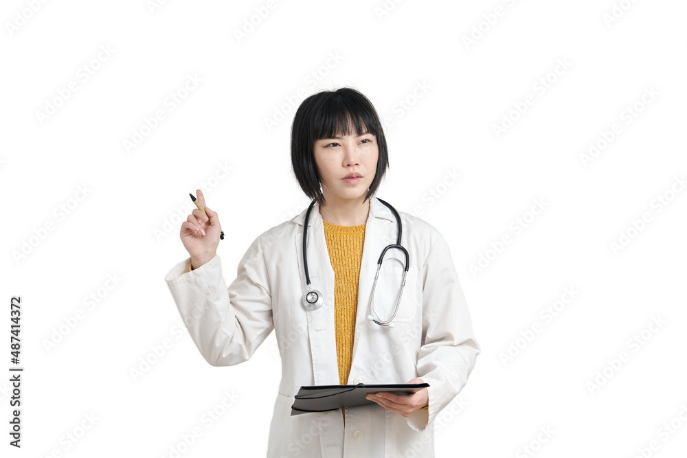 Young asian female doctor thinking with pen and folder, isolated on white background. Young asian female doctor thinking with pen and folder, isolated on white background.