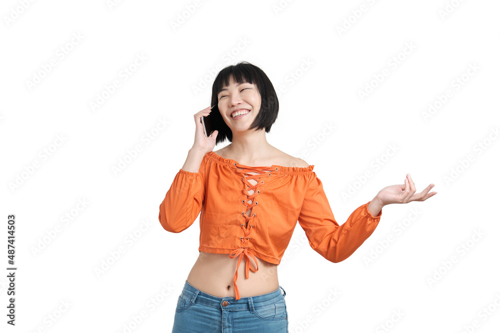Young asian woman laughing and talking on the smartphone, isolated on white background. Young asian woman laughing and talking on the smartphone, isolated on white background.