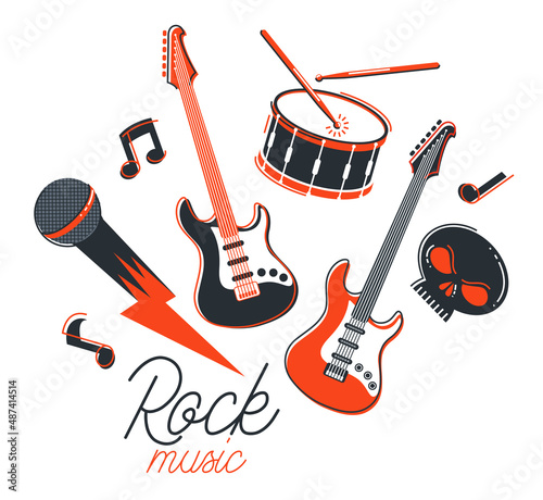 Rock music band vector flat illustration isolated over white background, hard rock and heavy metal live sound festival or concert, rock n roll musical band playing, night club party.