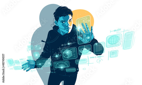 Teenager boy robot controls HUD virtual interface vector illustration, futuristic concept artificial intelligence, cyberpunk future technology neural network.