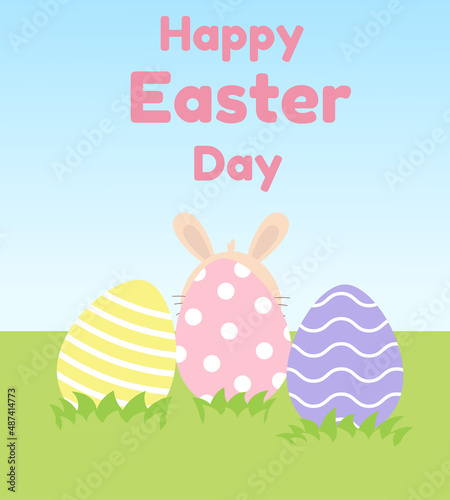  Easter greeting card with bunny, colorful eggs and spring Grass. Easter greeting card, banner easter eggs and ribbit. Cartoon Character for Easter Holiday.