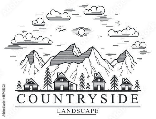 Rural village in mountains range linear vector emblem isolated on white, wooden houses in trees forest line art logo, countryside log cabins cottages, travel in wilderness for rest.