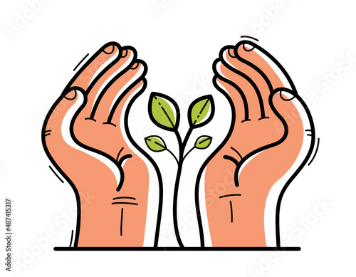Two hands with small plant protecting and showing care vector flat style illustration isolated on white, cherish and defense for environment concept, botanical life protection.