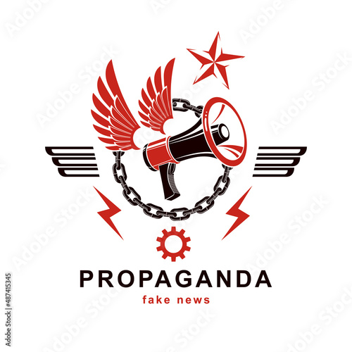 Vector winged logo composed with megaphone equipment surrounded by iron chain and engineering cog wheel. Propaganda as the method of ideology imposing