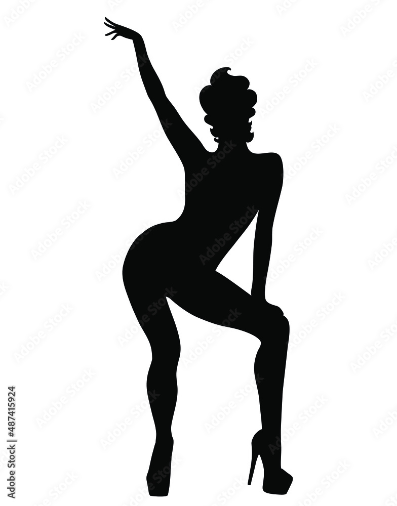Vector pinup woman silhouette. Dancing sexy girl. Beautiful woman icon isolated on white background.