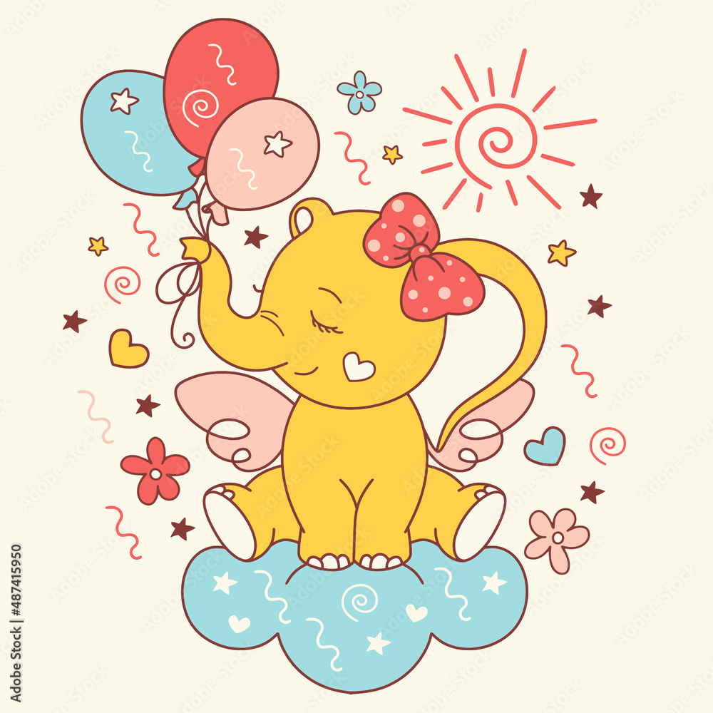 Cute elephant for baby shower, birthday card, kids fabric, print. Printable doodle cub animal. Cartoon newborn girl, little angel. Cute elephant for baby shower, birthday card, kids fabric, print. Printable doodle cub animal. Cartoon newborn girl, little angel.