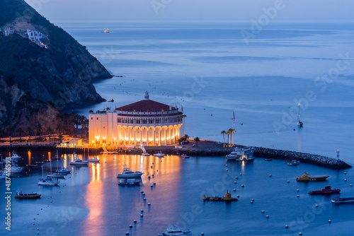 Evening Avalon Harbor with lights, Catalina Island, California