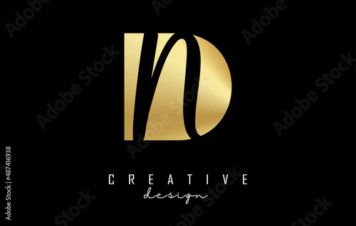Golden letters DN logo with a minimalist design and negative space. Letters D and N with geometric and handwritten typography.