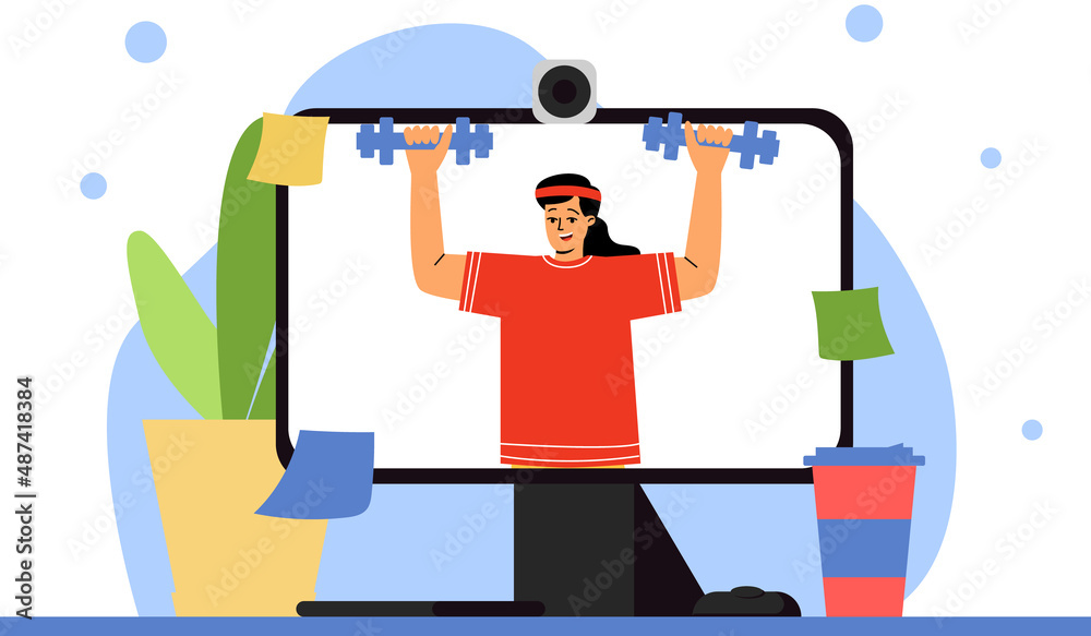 A woman teaches physical education on video. Physical exercises online, coach online. A woman holds dumbbells in her hands. Vector illustration